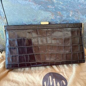 Vintage, never used Monsac croc print leather clutch, chained handle inside.